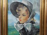 tableau représentant une jeune fille coiffée d'un chapeau noir et vêtue d'une robe blanche