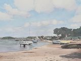 a painting of boats on the shore of a beach