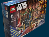 une boîte contenant des sets Lego Star Wars sur fond bleu