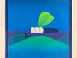 une affiche bleue et blanche sur laquelle figure une feuille verte