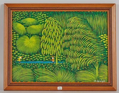 tableau représentant un paysage verdoyant avec des arbres et un homme dans un bateau