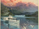 painting of a boat on a lake with mountains in the background