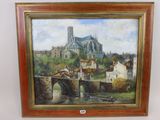 painting of a village with a bridge and a church in the background