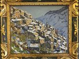 une peinture à l'huile représentant un village de montagne recouvert de neige