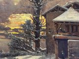 painting of a cabin in the snow with a tree in the foreground and a body of water in the background