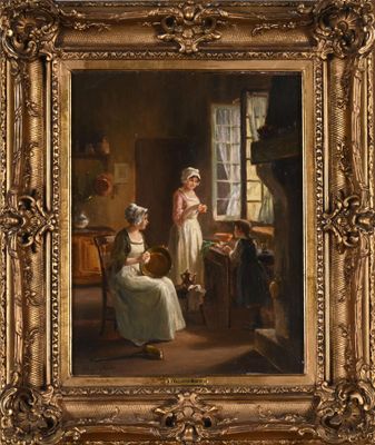 a painting of two women and a child in a room