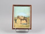 painting of a man standing next to a horse in a field