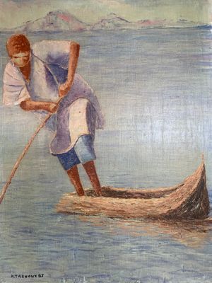 a painting of a man on a boat in the water