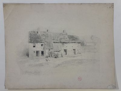 an old drawing of a building with a horse in front of it