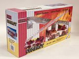 a box with a toy fire truck and a firetruck