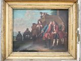 an old painting of a man and a woman standing in front of a horse drawn carriage