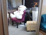 a teddy bear that is sitting on a chair in front of a mirror