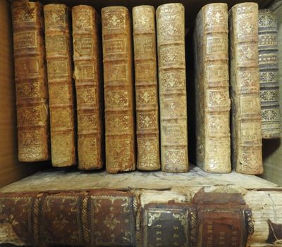 de nombreux livres anciens rangés sur une étagère, dans une boîte