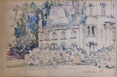 dessin représentant un grand bâtiment avec une tour horloge en son centre