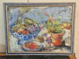 painting of a still life of fruit and flowers in a blue bowl