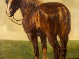 tableau représentant un cheval brun debout dans un champ vert, avec une bride sur la tête