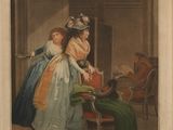 painting of two women in a room with a dog and a cat