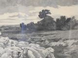 a drawing of a man herding a flock of sheep