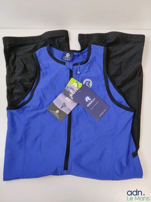 a close up of a blue vest with a tag on it