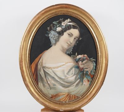 tableau représentant une femme en robe blanche tenant une fleur