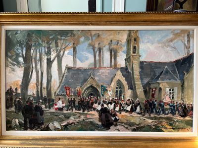 a painting of a group of people outside of a church