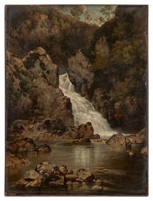une image représentant une peinture d'une cascade dans un paysage rocheux