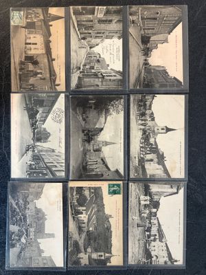 several old black and white photographs of a street and buildings