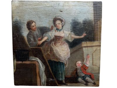 un vieux tableau représentant une femme et deux enfants sur un balcon