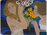 a painting of two women holding flowers in front of each other