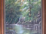 peinture représentant une rivière dans un paysage boisé, avec des arbres et des rochers