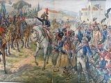 une photo d'un tableau représentant un groupe d'hommes à cheval