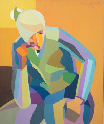 tableau représentant une femme assise sur une chaise dans une pièce aux couleurs vives