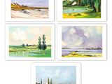 quatre tableaux représentant différents paysages avec des arbres et de l'eau