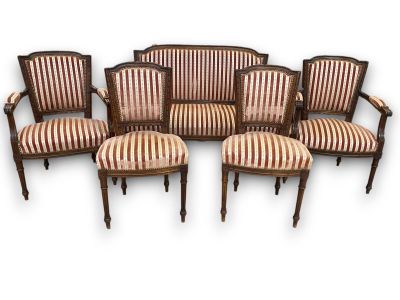 lot de six chaises de style français ancien avec des coussins rembourrés à rayures