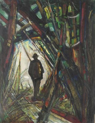 une image représentant un tableau où l'on voit un homme marchant dans une forêt