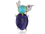 un gros plan d'une broche en forme d'oiseau sertie d'une pierre bleue et de diamants