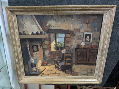 a picture of a painting of a room with a fireplace