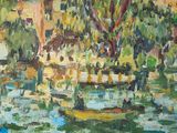 an oil painting of a boat on a river with a house in the background