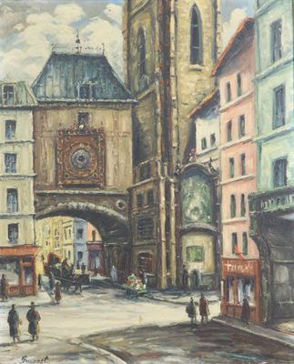 une peinture représentant une rue de la ville avec une tour horloge en arrière-plan