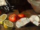 a painting of fish, tomatoes, lemons, and a bird on a table