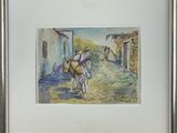 aquarelle encadrée représentant un homme transportant un fardeau de foin