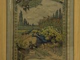 an old picture of a painting of birds in a field with trees in the background