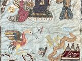 une image représentant un tapis bleu orné de motifs représentant des personnes et des animaux