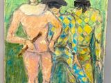 tableau représentant trois personnages dans un champ, sur fond vert
