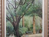 painting of a group of people sitting under a tree in a park