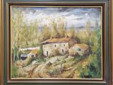 an oil painting of a farm scene with a dirt road in the foreground