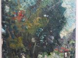 an oil painting of a tree and a bench in a park