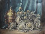 tableau représentant une nature morte composée de fleurs et d'un vase posés sur une table