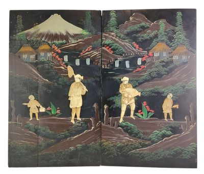 deux panneaux d'un tableau représentant un homme et une femme dans un paysage