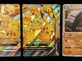 Trois cartes Pokémon sont représentées en ligne sur un fond noir